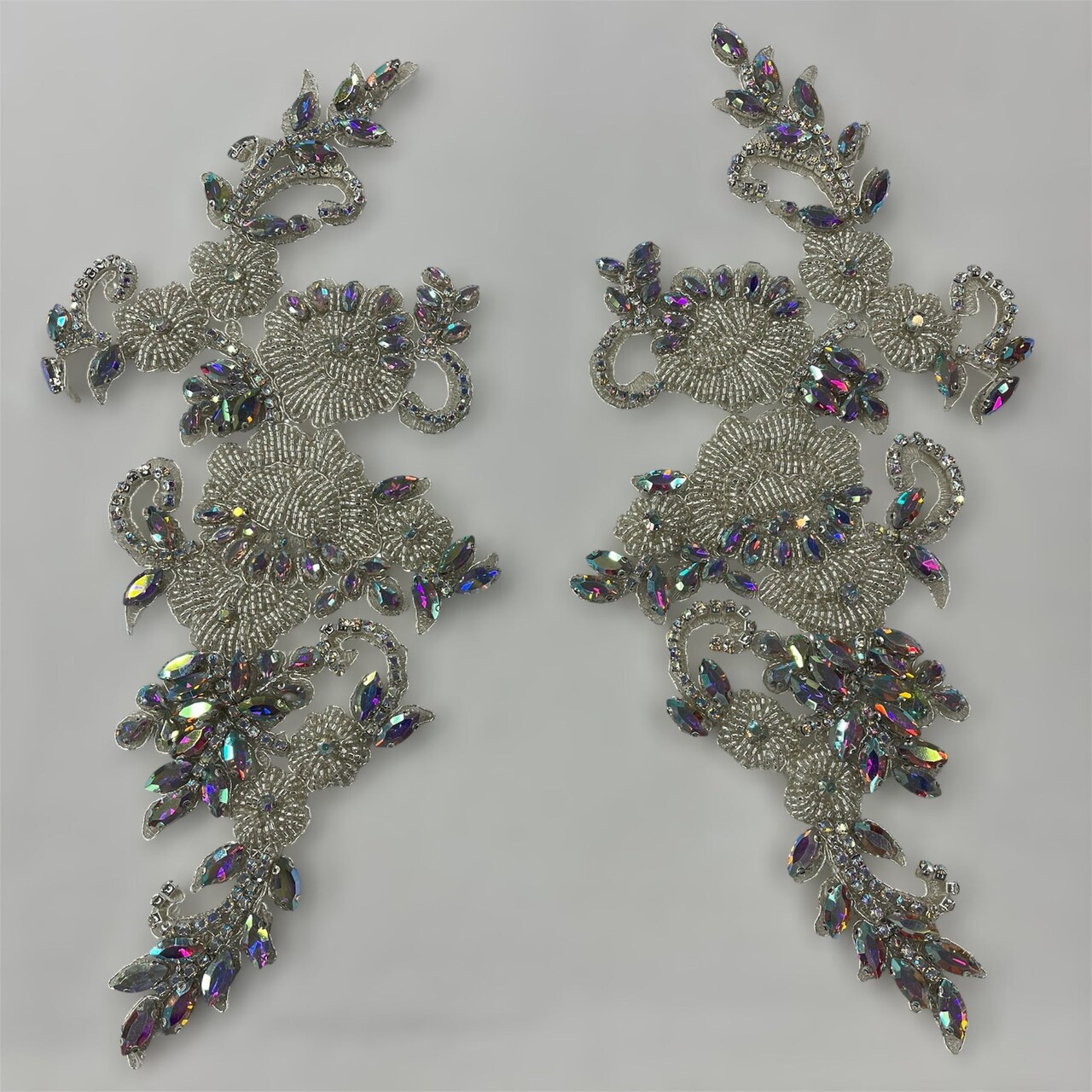 1 Pair Crystal Rhinestone Beaded & Corded Lace 100% Polyester, 12" x 5" Each Side